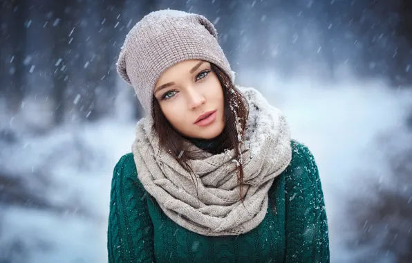 Winter, snow, hat, portrait, makeup, scarf, hairstyle, brown hair