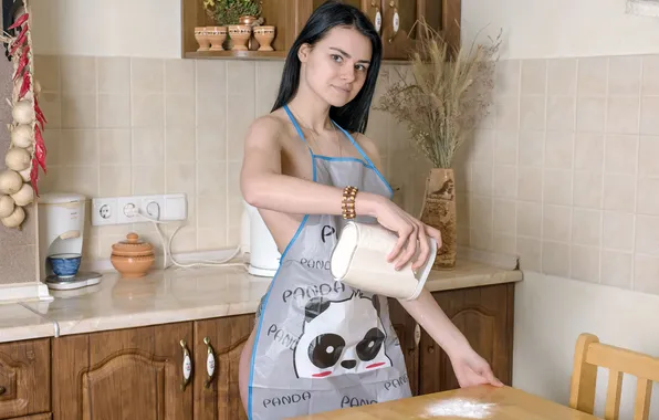 Model, brunette, gorgeous, flour, photoshoot, posing, kitchen, beautiful face