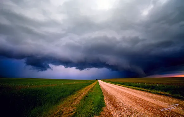 Road, the sky, clouds, storm, field, Canada, Albert, primer