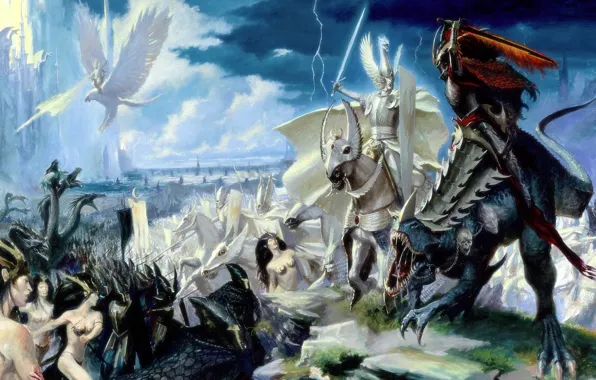 Elves, battle, the battle, Warhammer, riders, dark