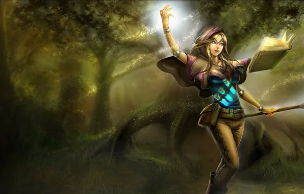 Forest, magic, art, book, staff, sorceress, League of Legends