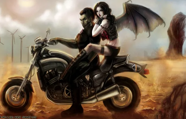 Picture girl, desert, wings, stockings, art, motorcycle, guy, Orc