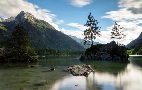 Picture forest, the sky, clouds, trees, mountains, lake, stones, rocks
