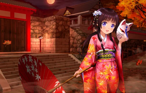 Picture look, girl, joy, umbrella, mask, yukata, art, Mutsuki
