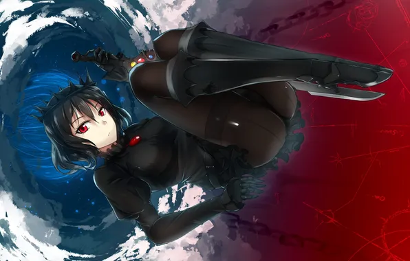 Girl, weapons, sword, anime, crown, art, chain, sphere