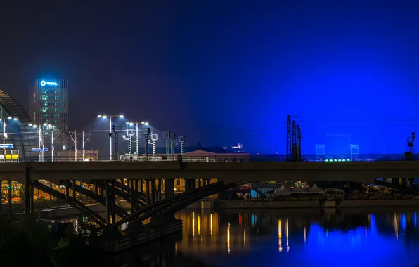 Night, bridge, lights, river, Germany, lights, Berlin