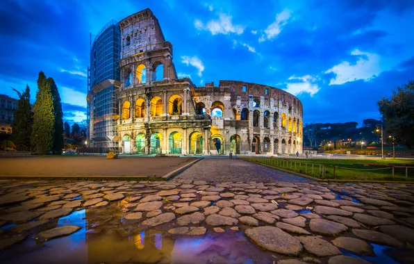 Picture the sky, clouds, lights, the evening, architecture, Colosseum, bridge, Italy