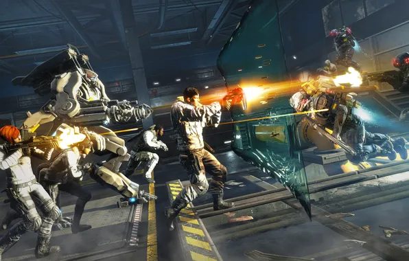 Glass, weapons, war, robot, soldiers, shooting, Fuse, people shooting