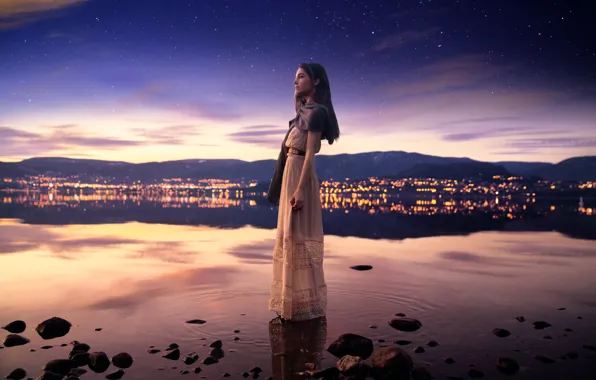 The sky, girl, night, the city, reflection, stars, Lichon, Lucy in the sky