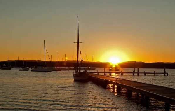 Picture the sky, the sun, sunset, mountains, lake, yacht, pier, pierce