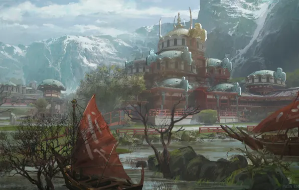 Mountains, building, boats, pond, Oriental asian architect style