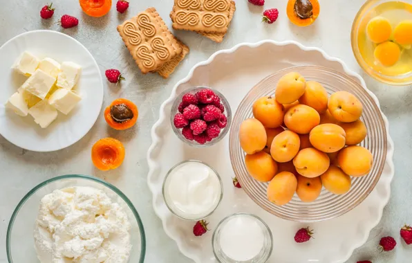 Raspberry, oil, eggs, milk, cookies, apricots, cheese, sour cream