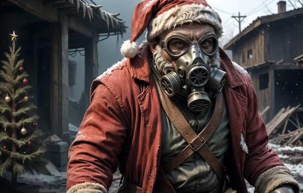 The city, Christmas, gas mask, New year, Santa Claus