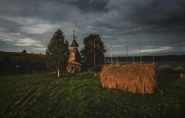 Field, light, trees, clouds, the evening, stack, hay, Church