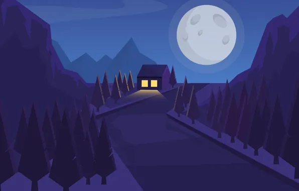 Road, landscape, mountains, house, the moon, vector, vector, the evening