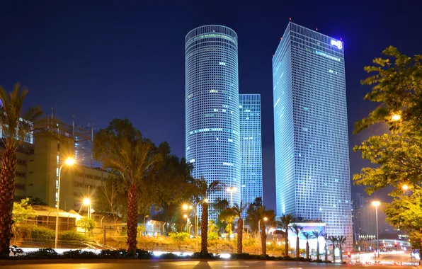 City, tower, skyline, night, street, israel, building, tel