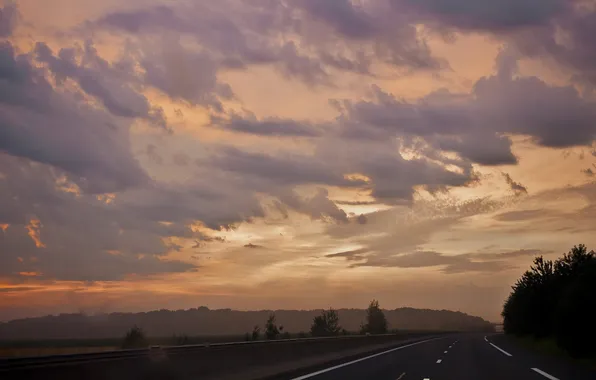 Road, clouds, trees, sunset