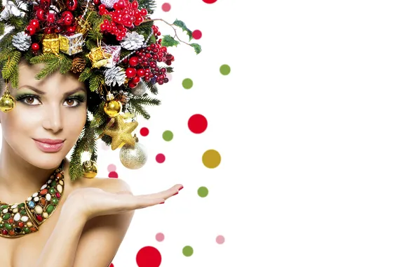 Picture girl, decoration, branches, smile, berries, holiday, balls, toys
