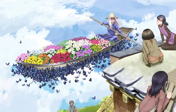 Roof, the sky, clouds, butterfly, flowers, people, boat, hat