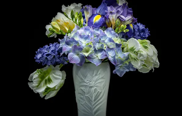 Tulip, bouquet, vase, hydrangea, hyacinth, freesia, iris
