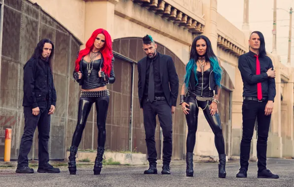 Wall, group, metalcore, multi-colored hair, red tie, Heidi Shepherd, Charles Harvey, butcher babies