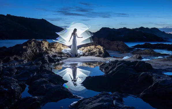 The sky, girl, light, landscape, night, nature, pose, style