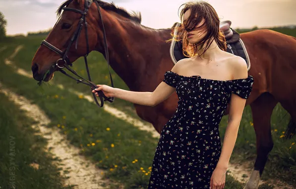 Girl, pose, horse, hair, horse, hands, dress, neckline