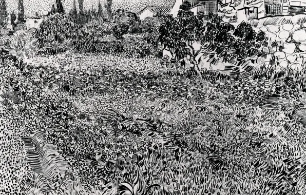 Flowers, vegetation, plants, black and white, Vincent van Gogh, Garden with, Flowers 2