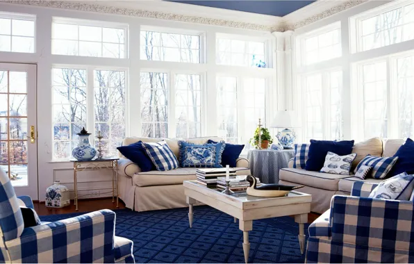 White, blue, design, style, table, room, sofa, interior