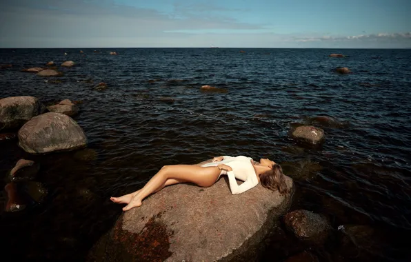 Sea, the sun, landscape, pose, model, figure, horizon, hairstyle