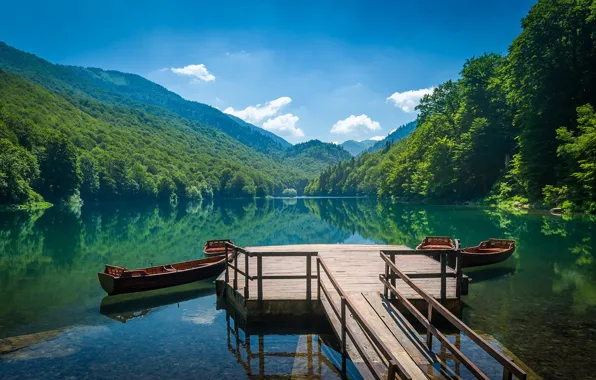 Boats, pier, pond, Montenegro, Biogradsko lake