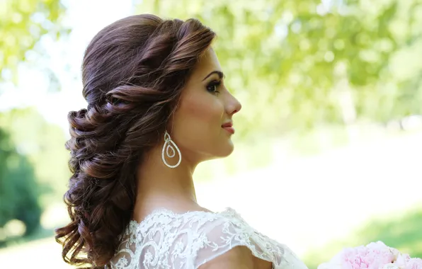 Look, girl, nature, pose, smile, white, bouquet, makeup