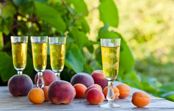 Alcohol, peaches, glasses, apricots