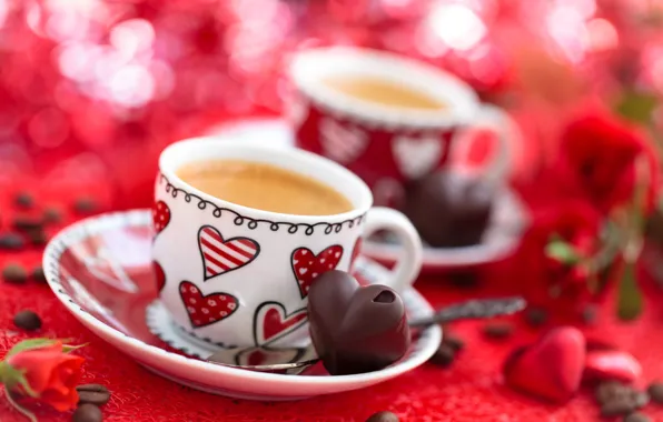 Flowers, holiday, coffee, roses, candy, Cup, hearts, grain