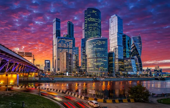 Road, bridge, river, building, Moscow, Russia, night city, skyscrapers