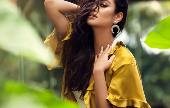 Greens, leaves, decoration, pose, model, makeup, dress, actress