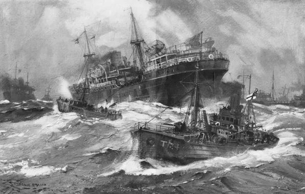 Sea, wave, war, figure, ships, pencil, the convoy, court