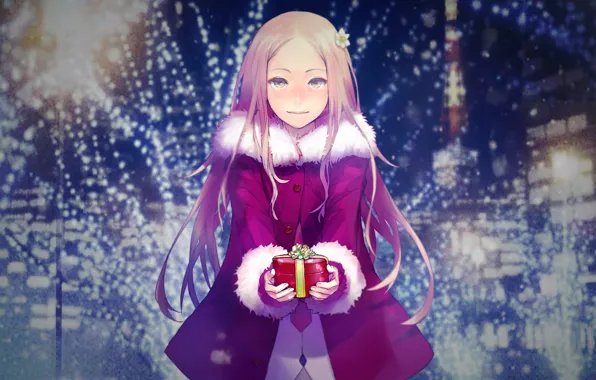 Girl, smile, gift, Christmas, Anime, long hair, Guilty Crown, Ouma Mana