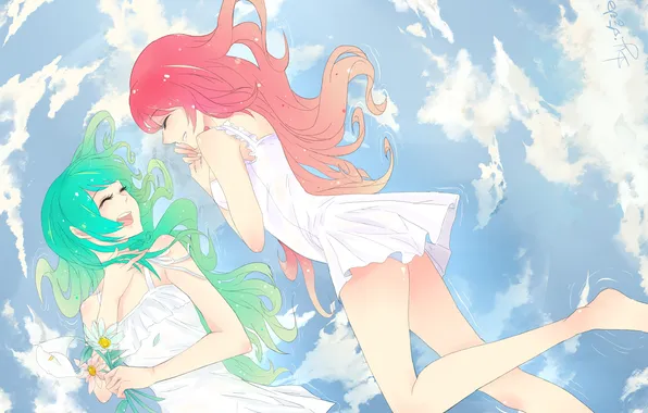 Picture the sky, clouds, flowers, smile, girls, mood, dress, vocaloid