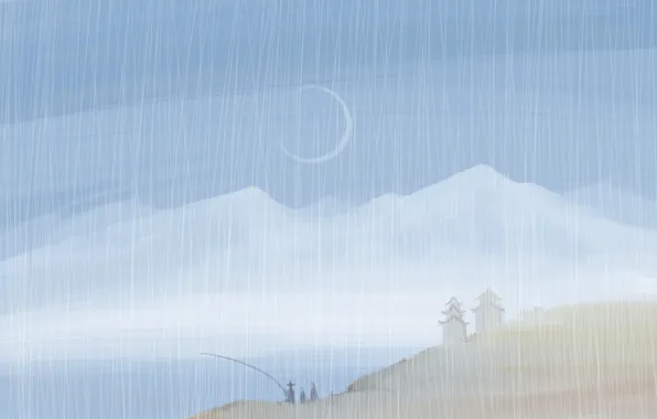 Mountains, rain, the moon, shore, fisherman, hammer, painted landscape