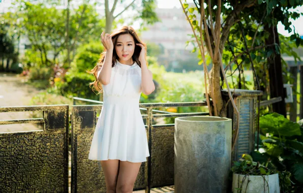 Girl, Asian, cutie, bokeh, dress