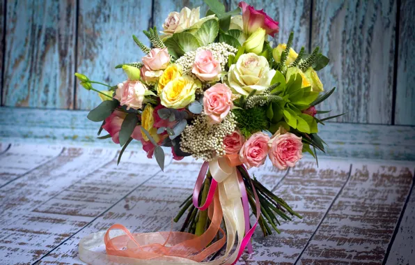 Tape, roses, bouquet, eustoma, ornamental Kale