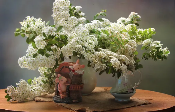 Bouquet, mouse, figure, Spiraea