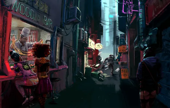 Girls, The city, Bar, Art, Concept Art, Noodle Bar, by Conor Smith, Conor Smith