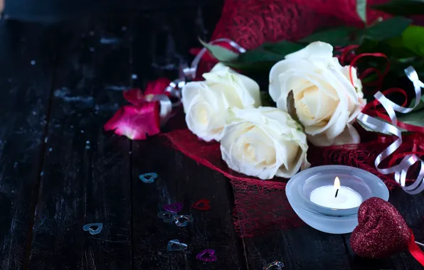 Flowers, heart, roses, candle, hearts, white roses, Valentine's Day