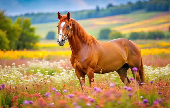 Field, summer, flowers, nature, horse, hills, horse, red