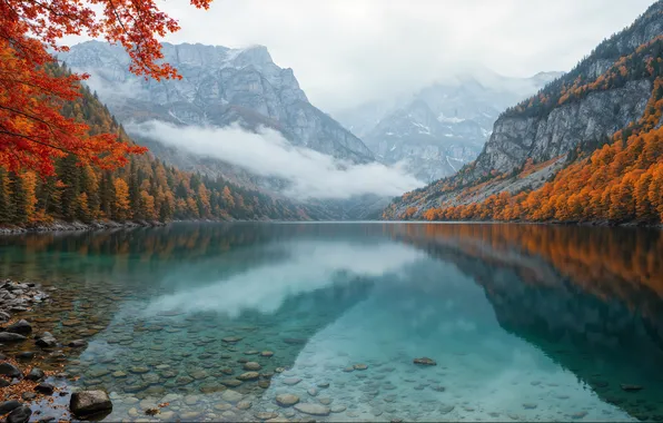 Autumn, forest, clouds, mountains, branches, fog, lake, reflection