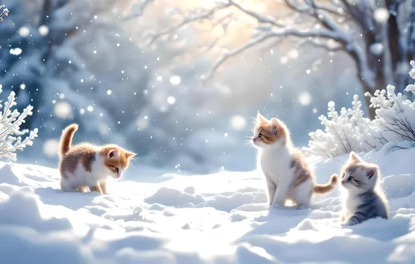 Winter, light, snow, trees, cats, branches, Park, glade