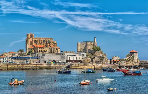 Castle, Bay, Church, Spain, Cantabria, Castro-Urdiales