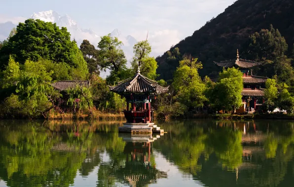 The sun, trees, mountains, river, China, pagoda, Lijiang